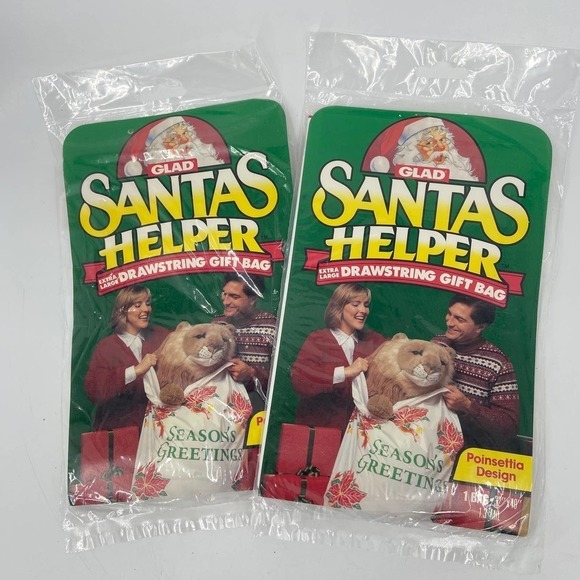 VINTAGE Lot of 2 Glad Santa's Helper XL Drawstring Gift Bag Poinsettia 32" x 40" - Picture 9 of 9